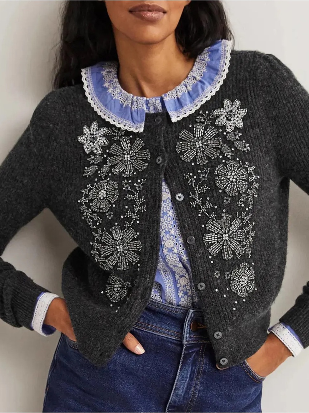 Boden Dark Gray Wool Blend Beaded Floral Cardigan